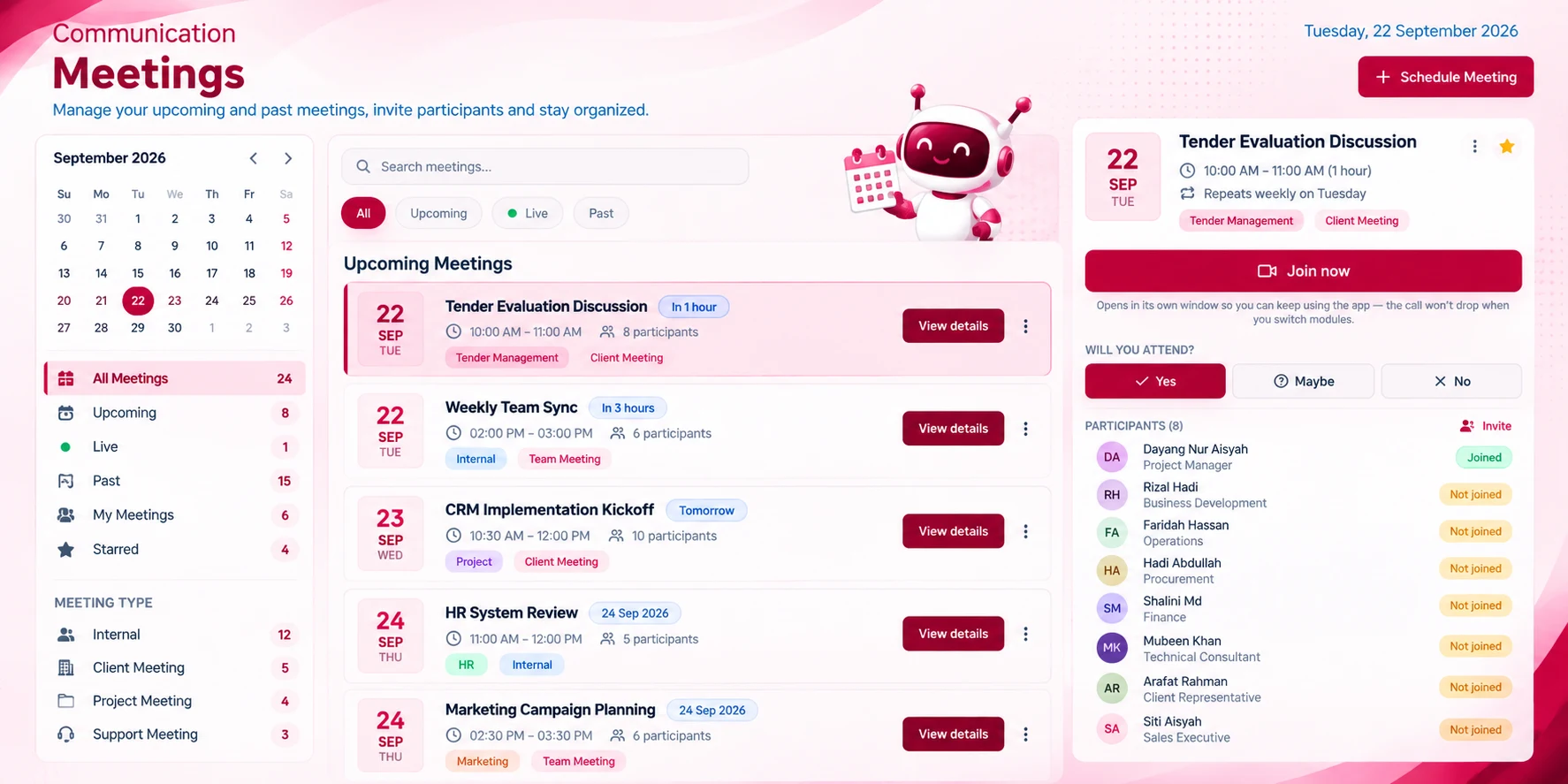 Meetings & Calendar screen in the Communication module