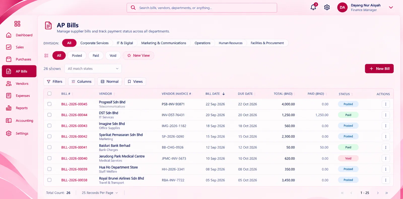 Banking & Reconciliation screen in the Finance module