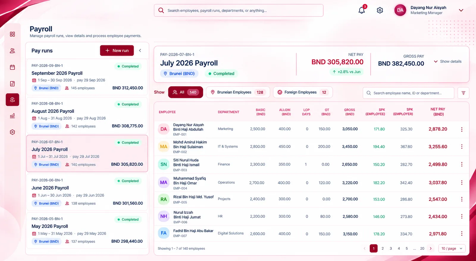 Salary Components & Revisions screen in the Payroll module