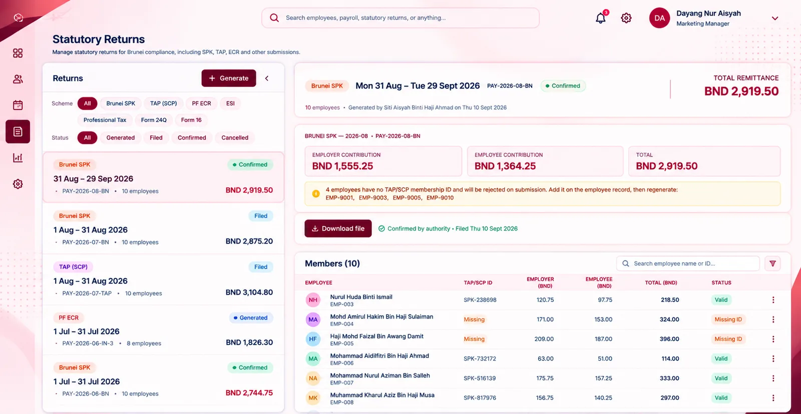 Statutory Returns screen in the Payroll module