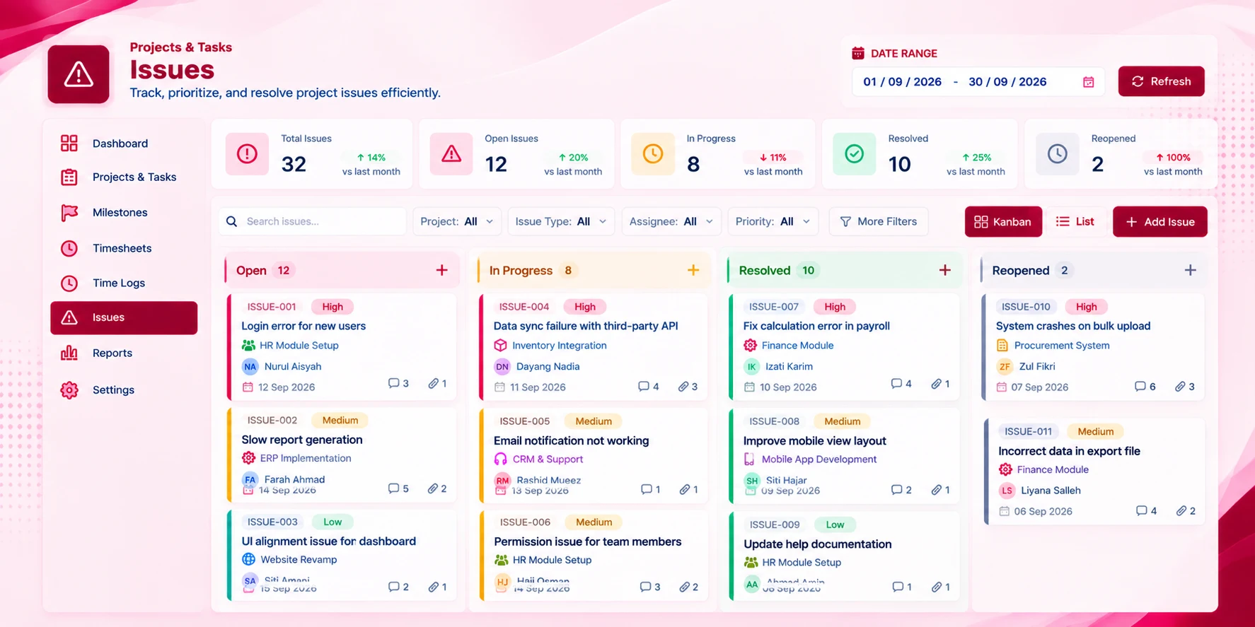 Issue Tracking screen in the Projects & Tasks module