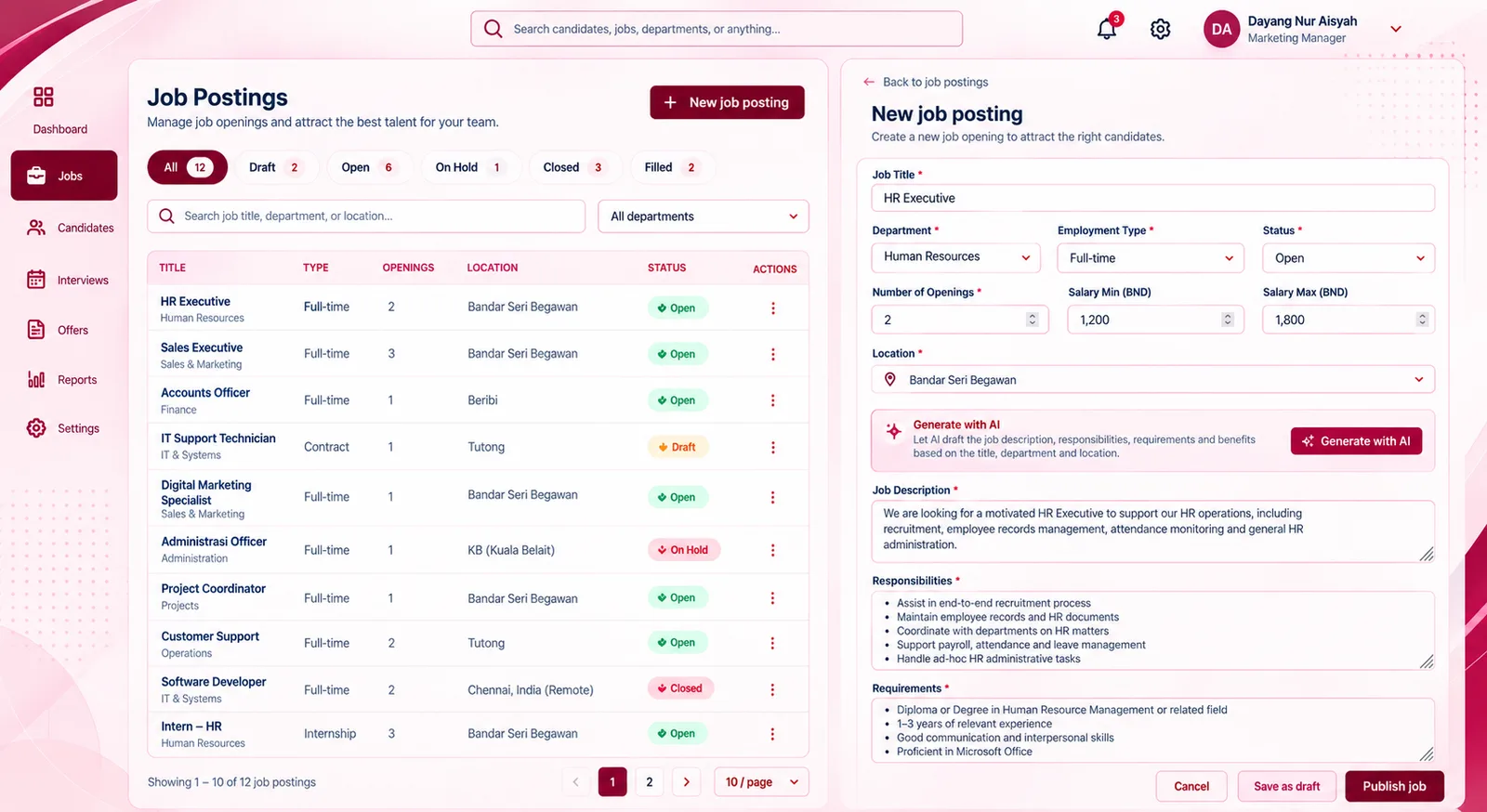 Candidate Tracking screen in the Recruitment module