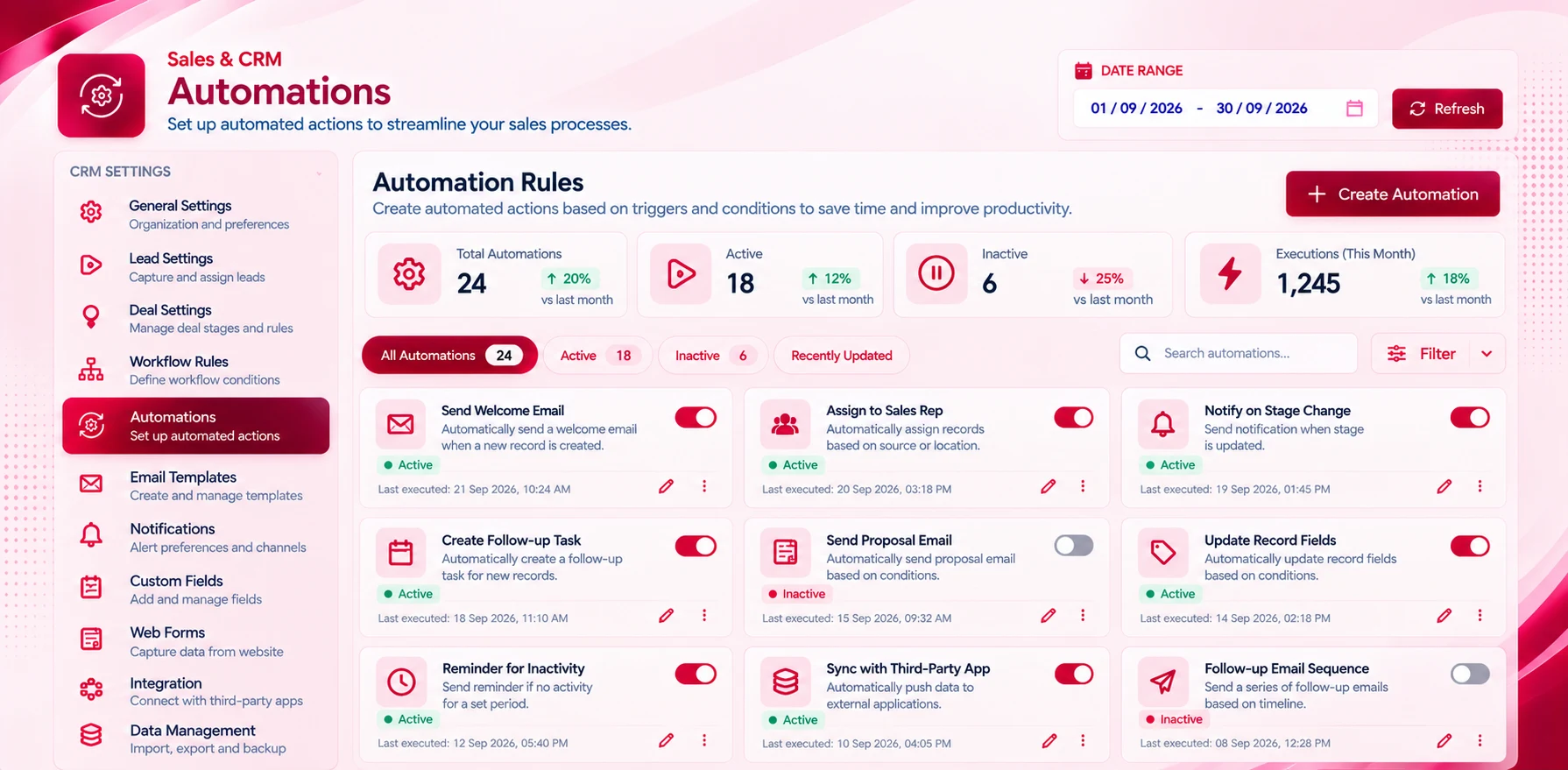 Workflow Automations screen in the Sales & CRM module