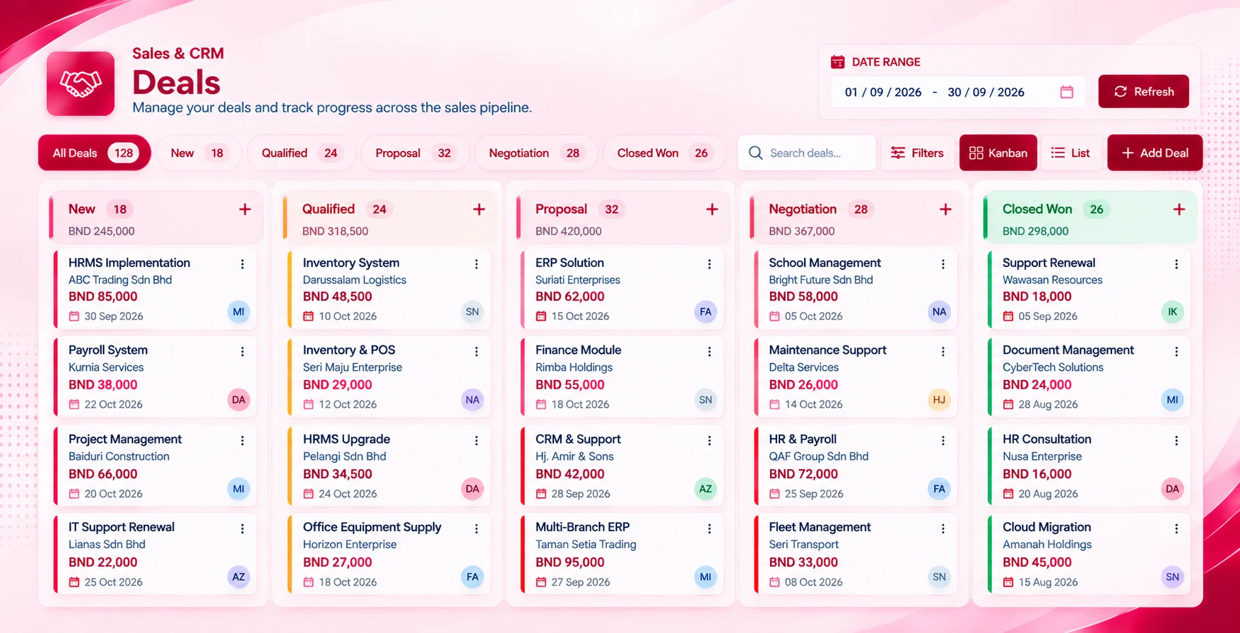 Deal Pipeline screen in the Sales & CRM module