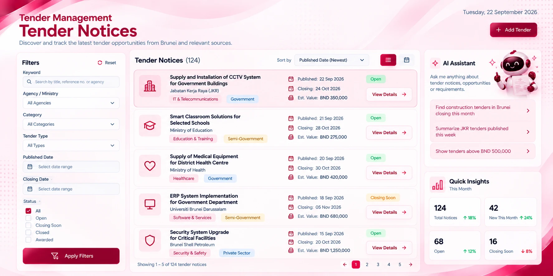Bid Management screen in the Tender Management module